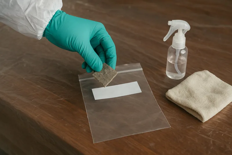 A gloved hand holding a small grey fragment over a clear zip bag with a blank white label, a spray bottle and a folded cloth beside it on a timber bench — asbestos testing, Newcastle. Illustrative example.