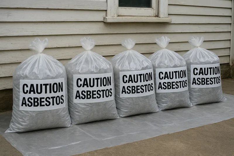 Five clear plastic waste bags, each tied at the top and printed CAUTION ASBESTOS on a white panel, standing in a row on clear plastic sheeting against a weatherboard wall — asbestos disposal, Newcastle. Illustrative example.