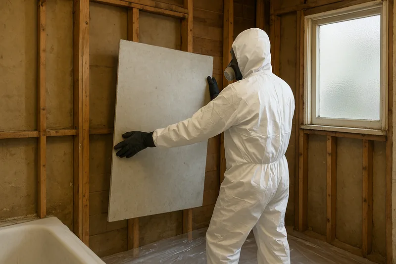 A person in white coveralls, hood, respirator and black gloves lifting one whole flat grey sheet away from the timber studs of a stripped bathroom, plastic sheeting on the floor — asbestos removal before renovation, Newcastle. Illustrative example.