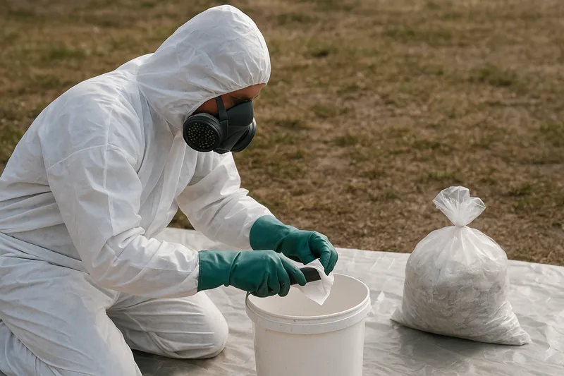 A person in white coveralls, hood, respirator and green gloves kneeling and wiping a hand tool with a wet wipe over a white bucket, a sealed bag beside them on plastic sheeting — asbestos removal, Newcastle. Illustrative example.