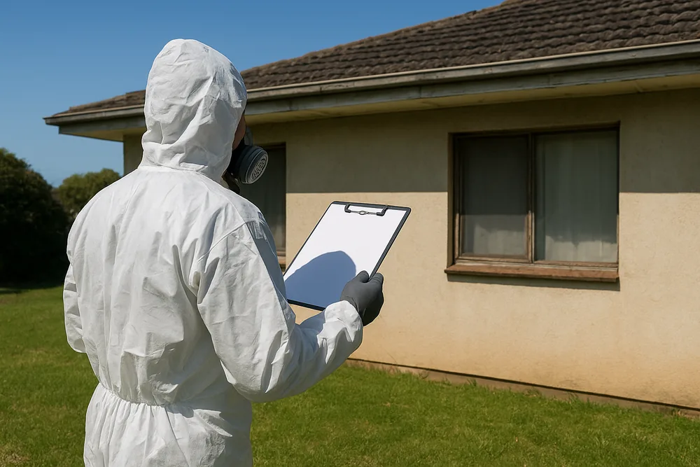A person in white coveralls with a respirator at the chest, seen from behind, holding a blank clipboard and looking up at the eaves of a single-storey rendered house — asbestos inspection, Newcastle. Illustrative example.