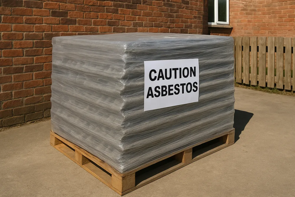 A stack of corrugated grey roof sheets on a wooden pallet, wrapped in clear plastic film with a white paper tag printed CAUTION ASBESTOS, beside a brick wall and timber fence — asbestos roof and sheet removal, Newcastle. Illustrative example.