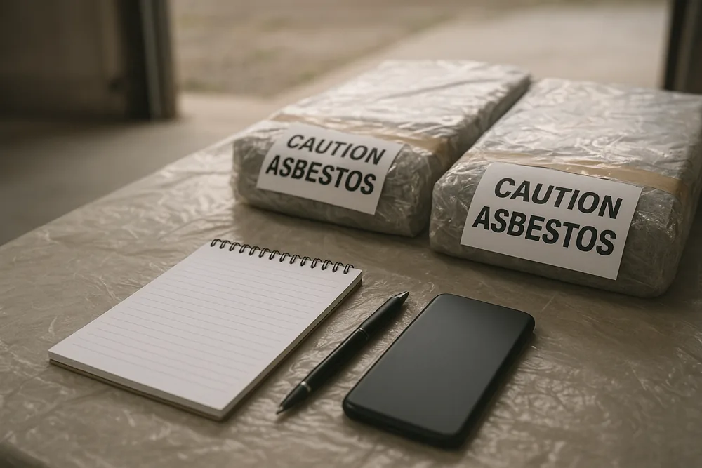 Two flat bundles wrapped in heavy-duty plastic with white tags printed CAUTION ASBESTOS, on a plastic-covered bench beside a blank notepad, a pen and a smartphone — asbestos disposal, Newcastle. Illustrative example.