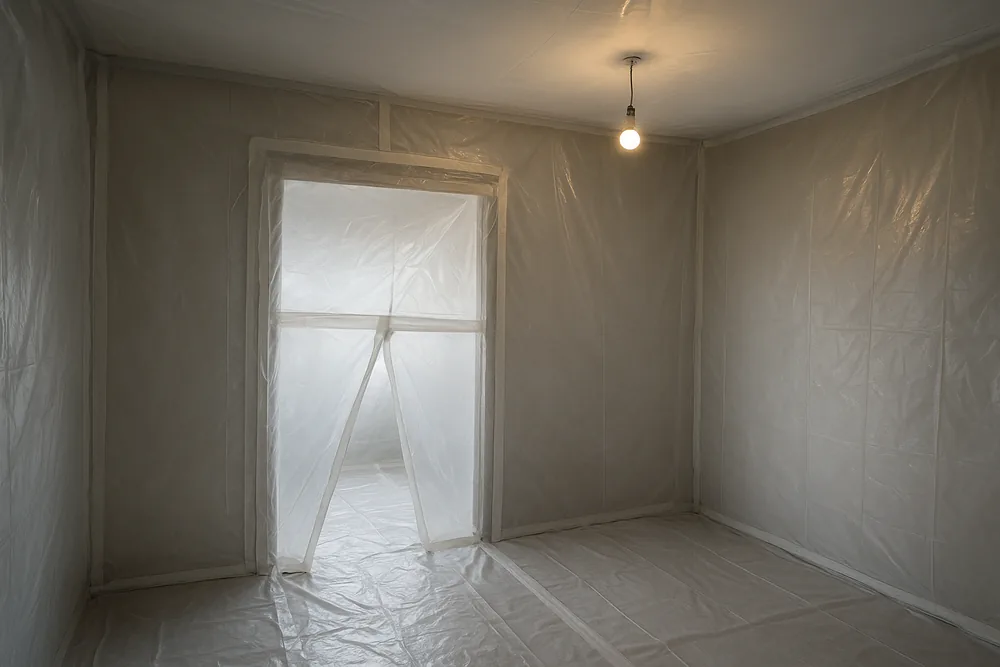 A room lined floor to ceiling with taped clear plastic sheeting, a taped flap doorway in the middle and a bare light bulb overhead — friable asbestos removal, Newcastle. Illustrative example.