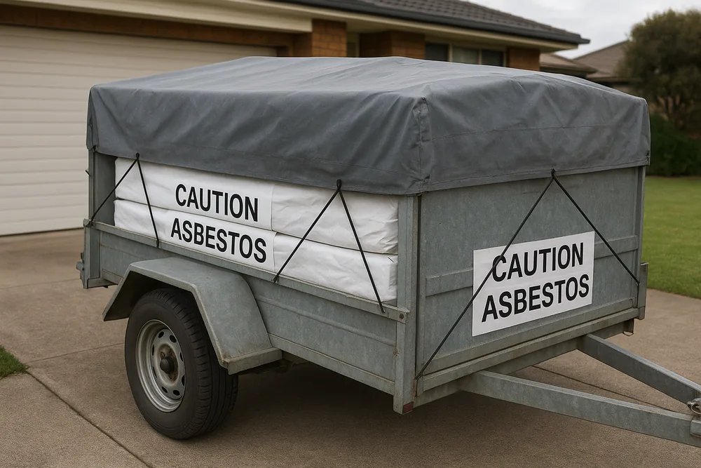 A galvanised box trailer loaded with wrapped white bundles under a grey tarpaulin strapped closed, white labels printed CAUTION ASBESTOS on the bundles and on the trailer side, parked on a suburban driveway — asbestos disposal, Newcastle. Illustrative example.